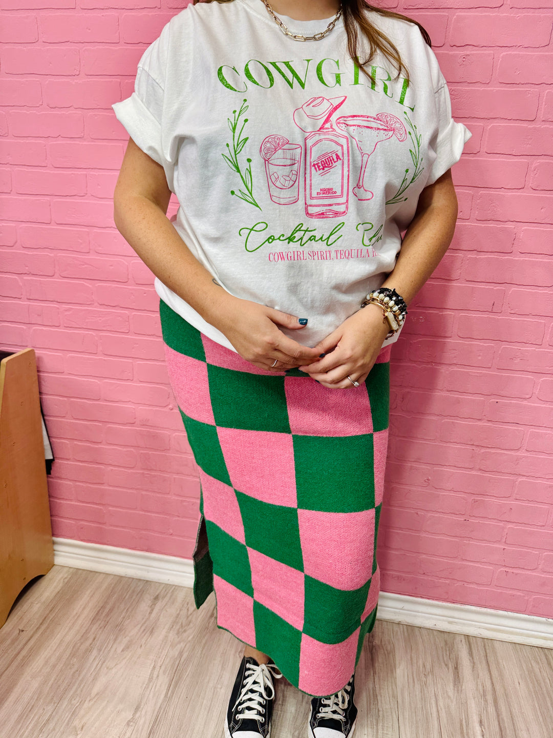 Checkered Pencil Midi Skirt