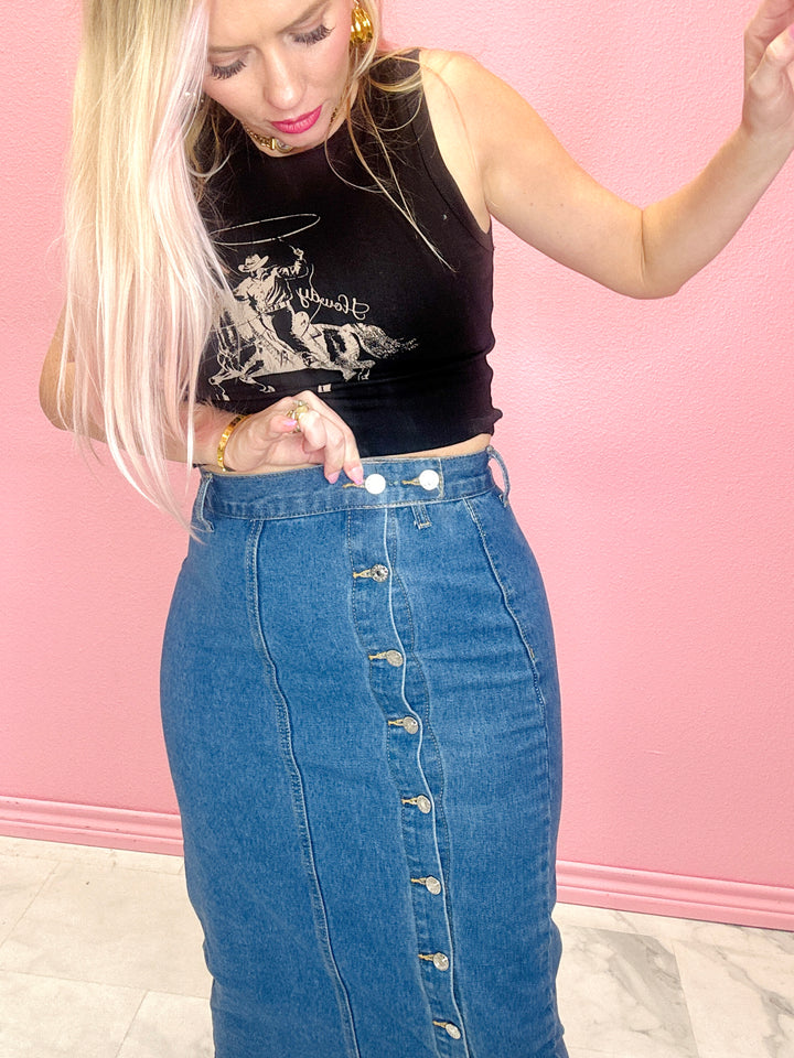 Always Chic Denim Midi Skirt