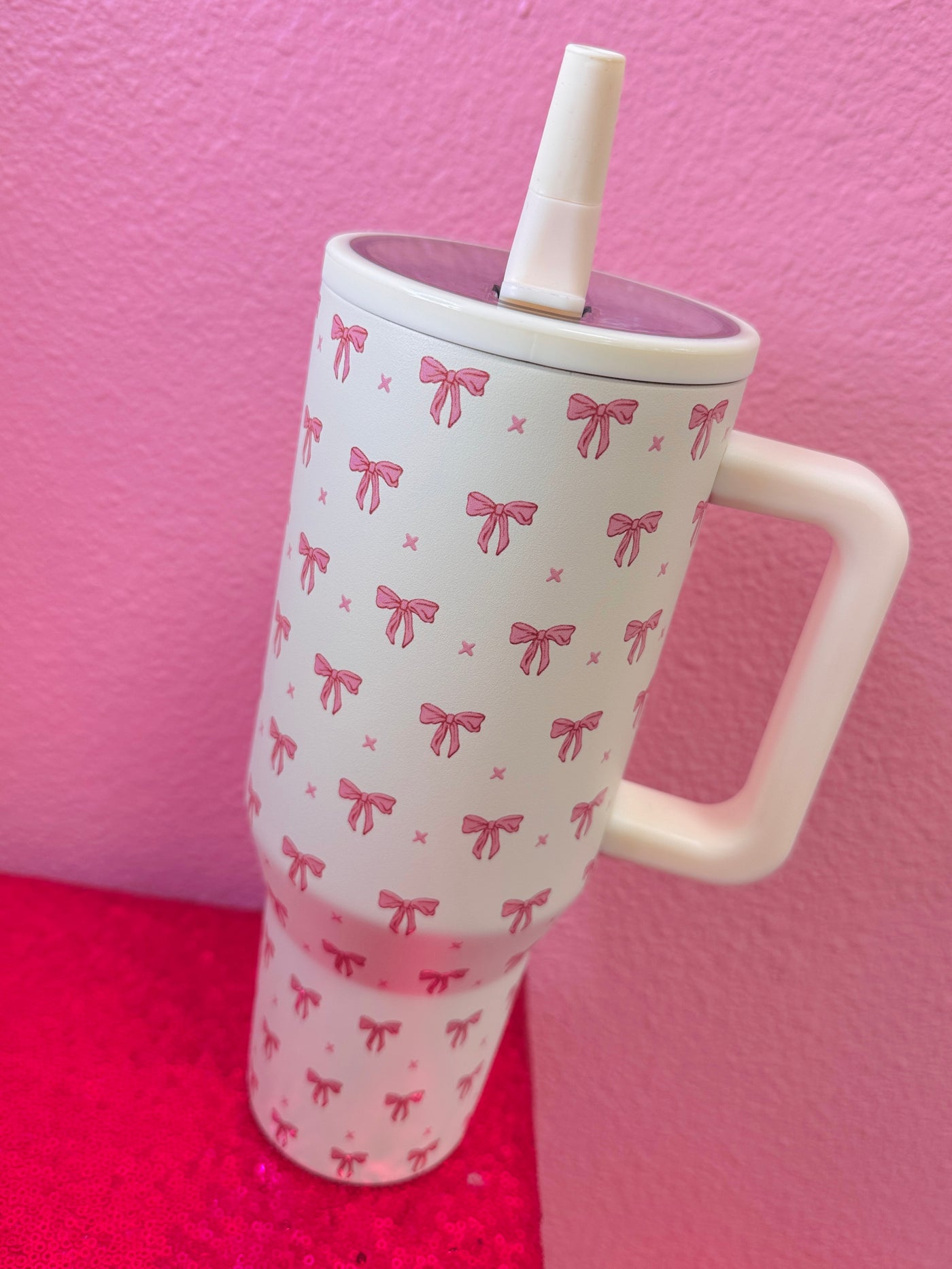40oz Spill Free Pink Bow Stainless Steel Tumbler