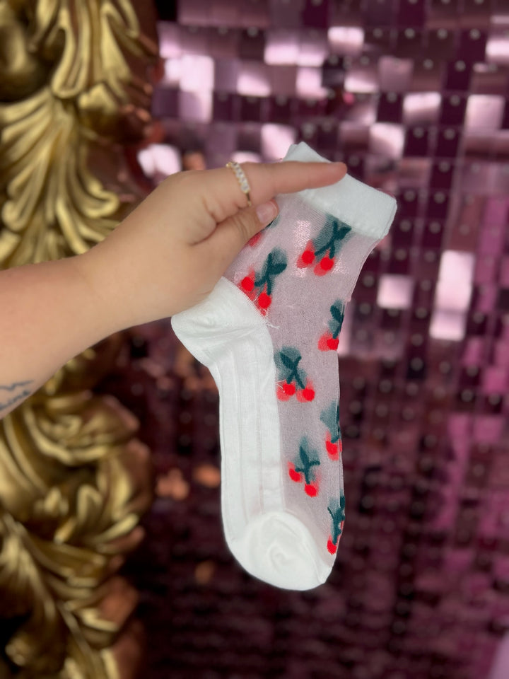 White Sheer Cherry Socks