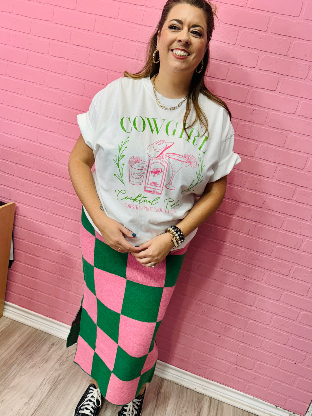 Checkered Pencil Midi Skirt