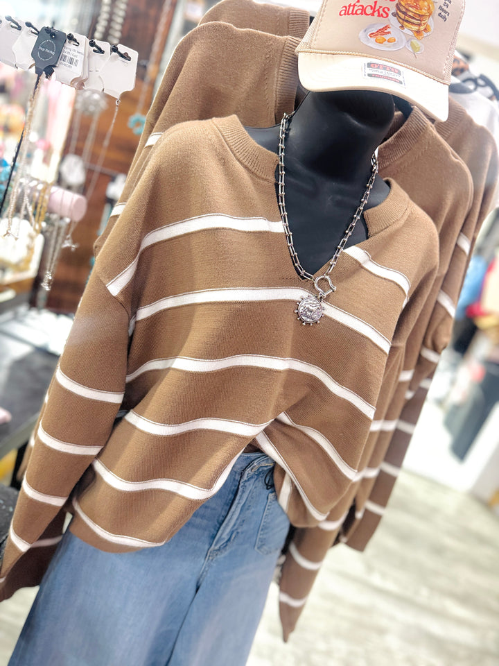 Easy Breezy Striped Split Neck Sweater