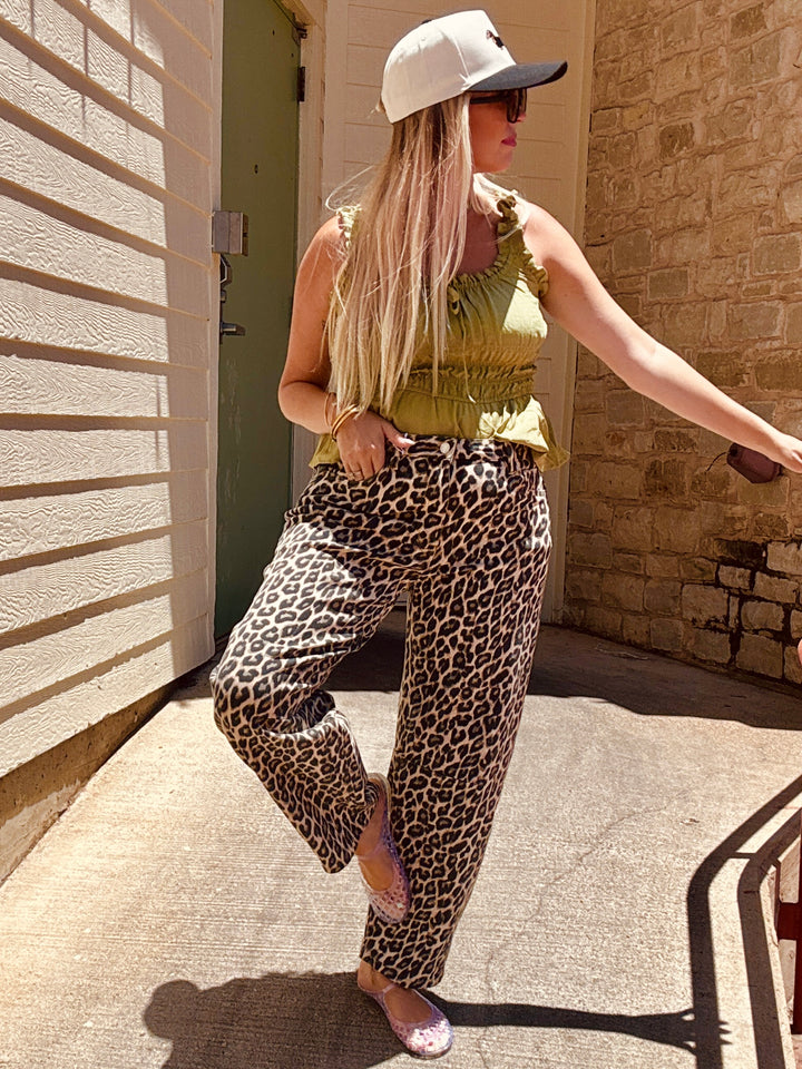 Wild Card Leopard Barrel Jeans