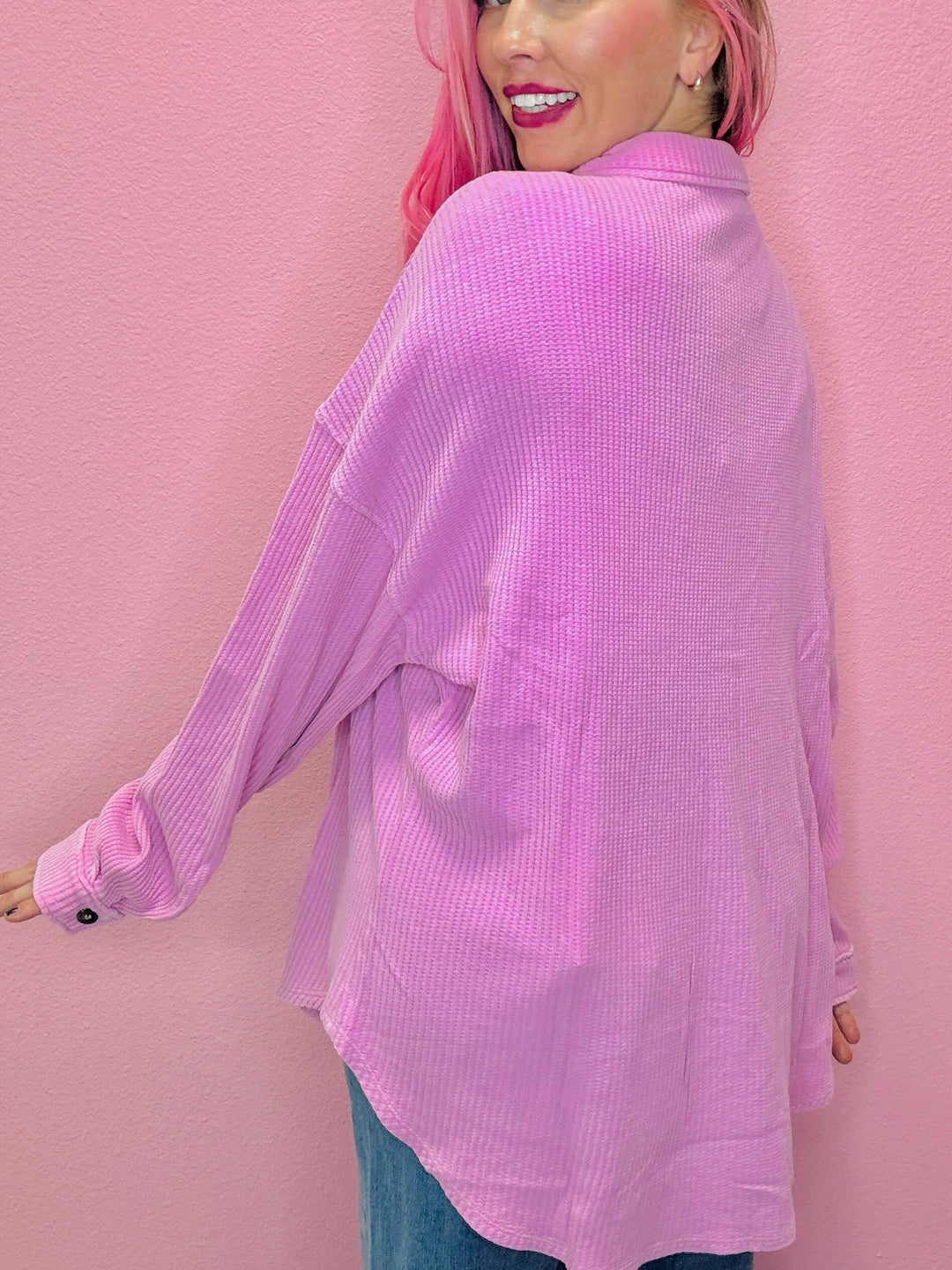 The Jeana Waffle Oversized Button Up Top