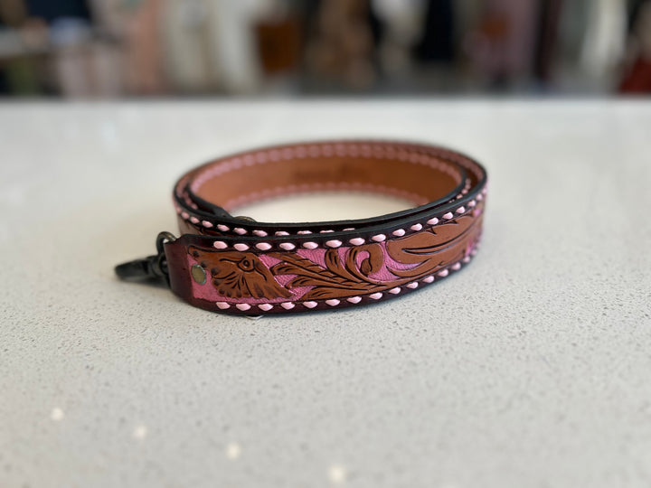Pink Tooled Leather Bag Strap