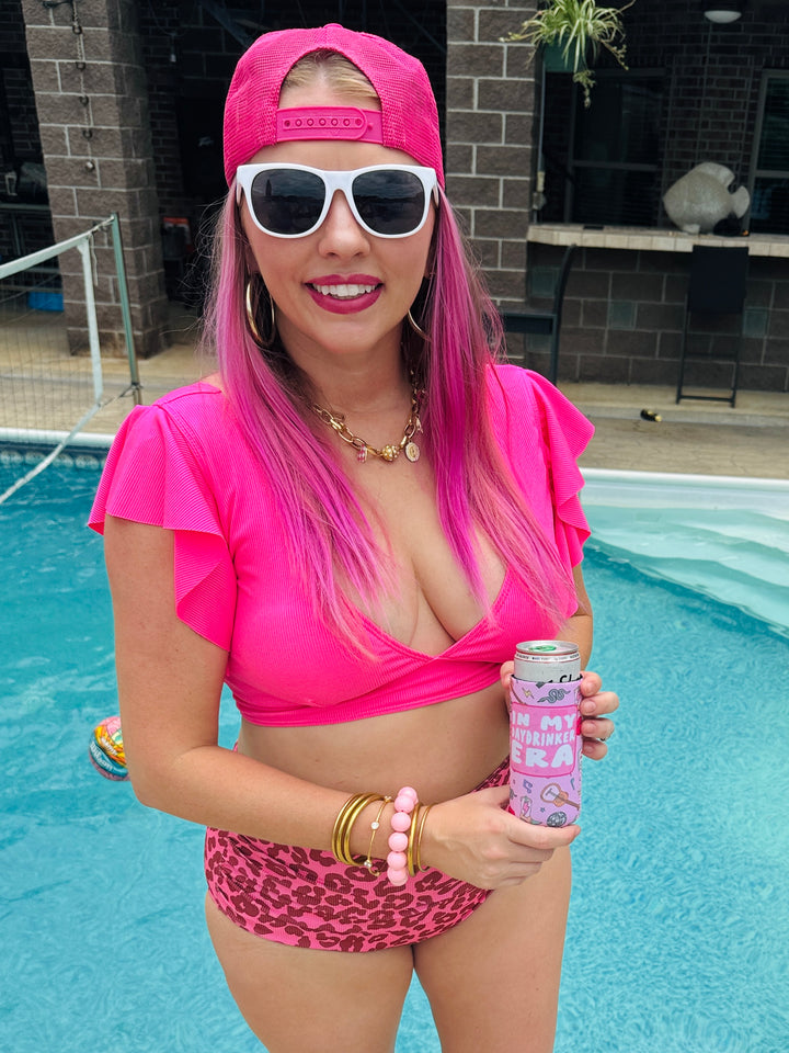 Leopard Ruffle Sleeve Swimwear Set