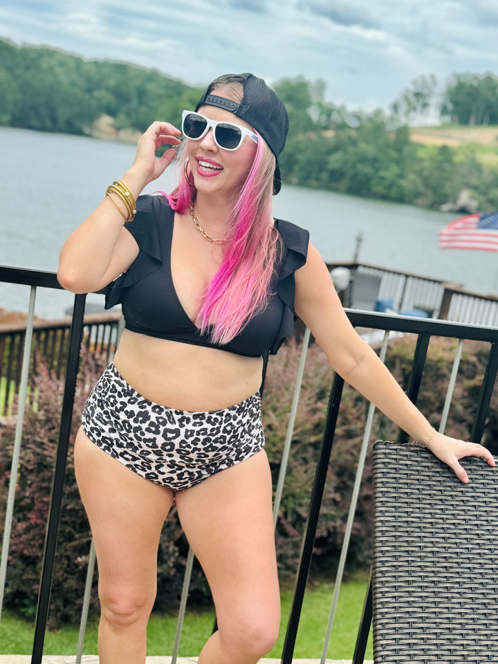 Leopard Ruffle Sleeve Swimwear Set