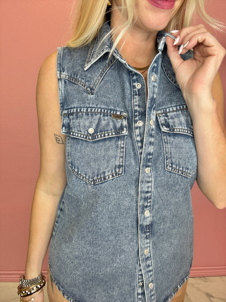 The Sadie Denim Button Down Sleeveless Shirt