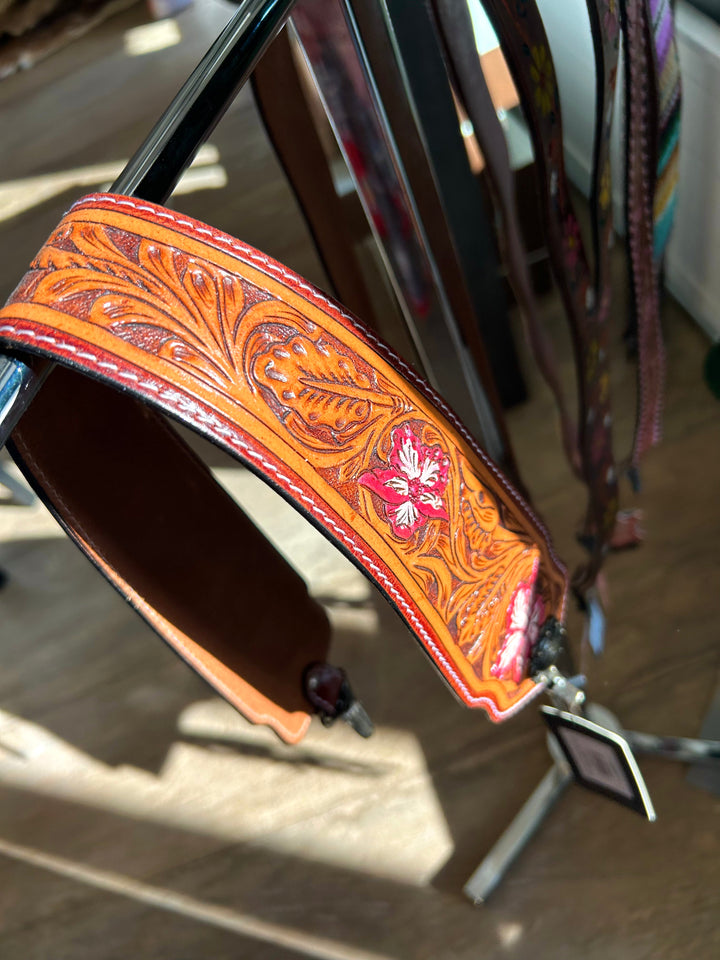 Pink Tooled Leather Bag Strap