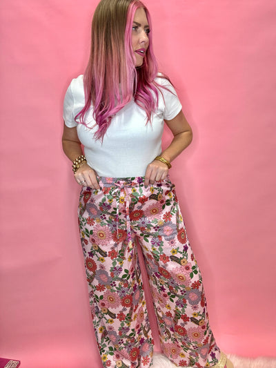 The Everly High Rise Satin Floral Pants