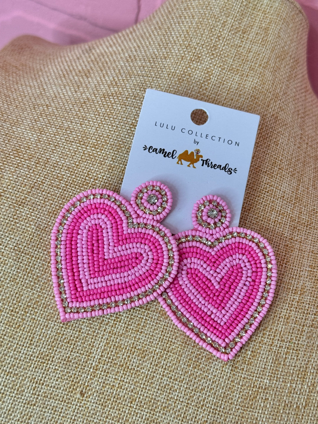 Pink Beaded Heart Earrings