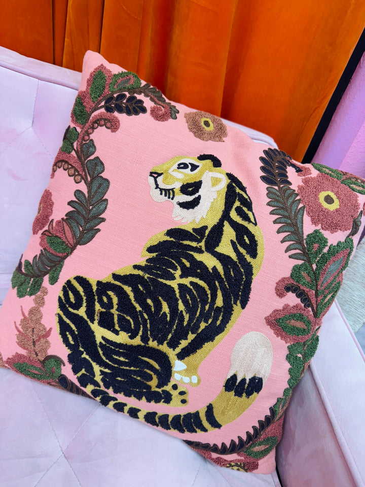 Embroidered Tiger & Floral Pillow