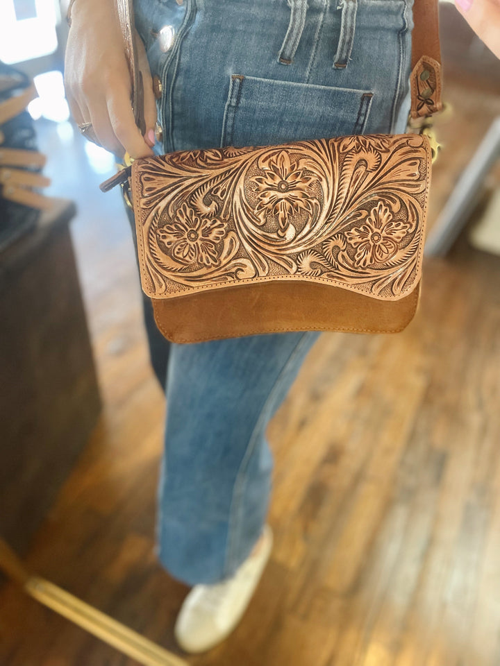 The Olivia Tooled Saddle Purse
