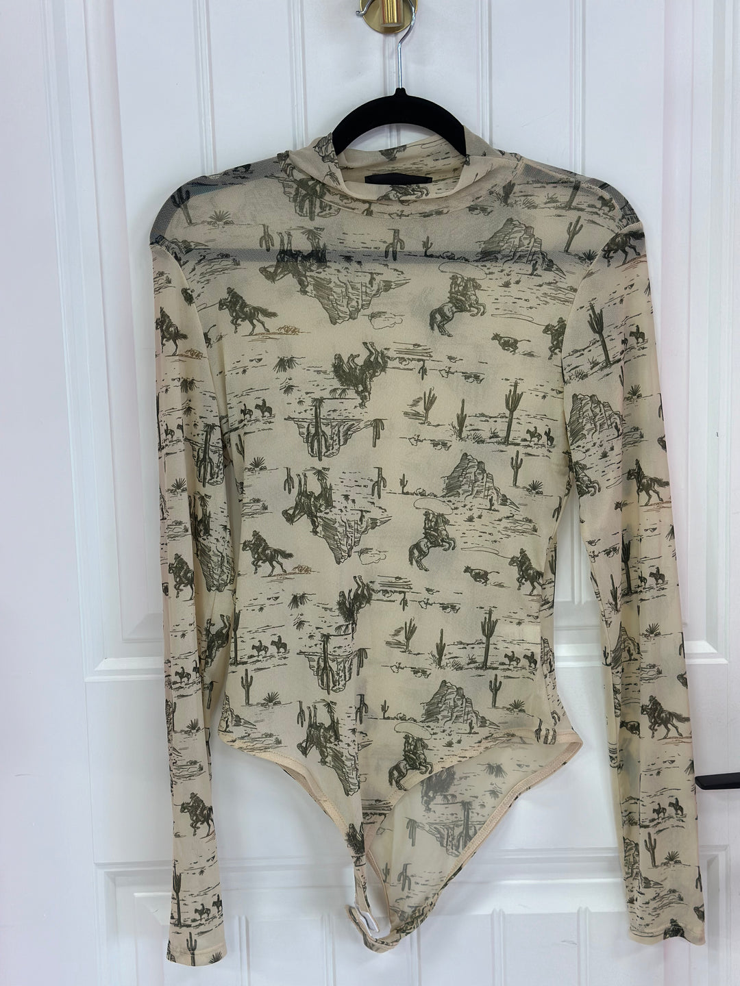 Western Print Mesh Long Sleeve Top