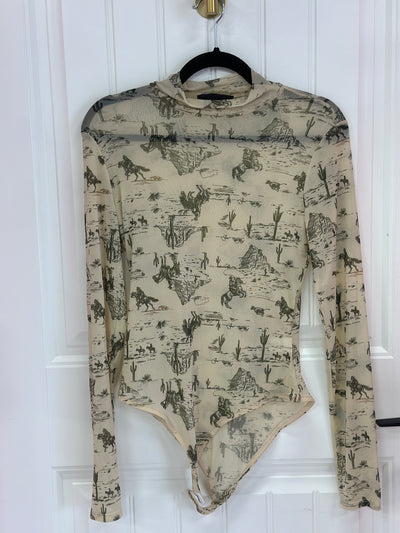 Western Print Mesh Long Sleeve Top