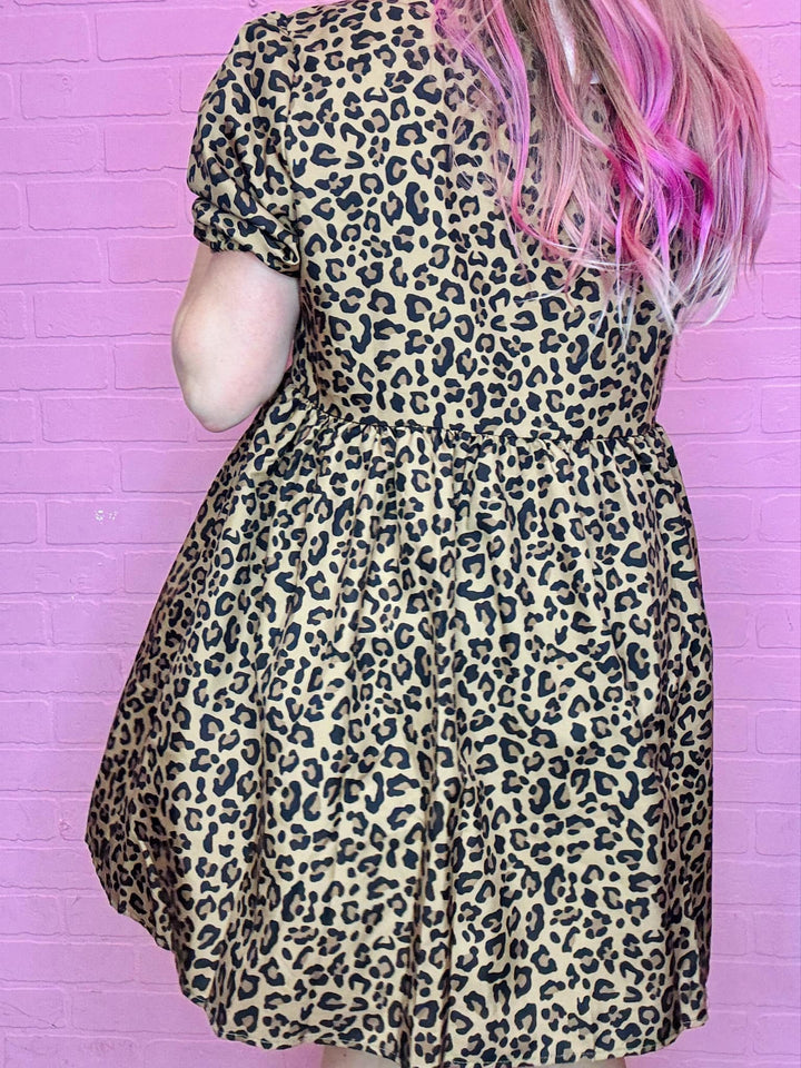 Leopard Puff Sleeve Front Bow Dress
