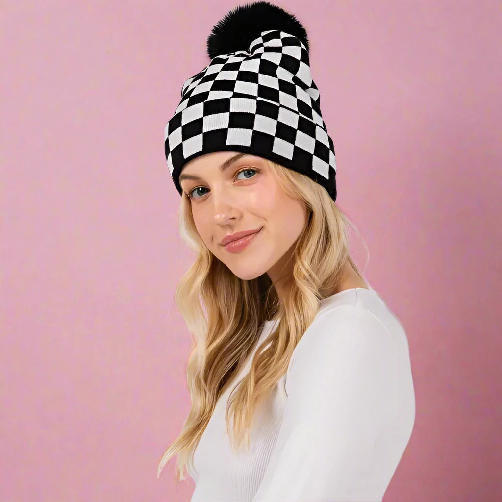 Checkered Pom Beanie