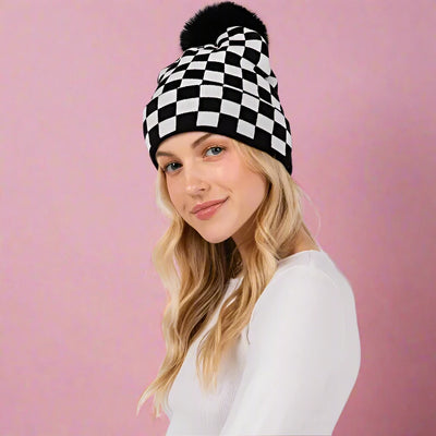 Checkered Pom Beanie