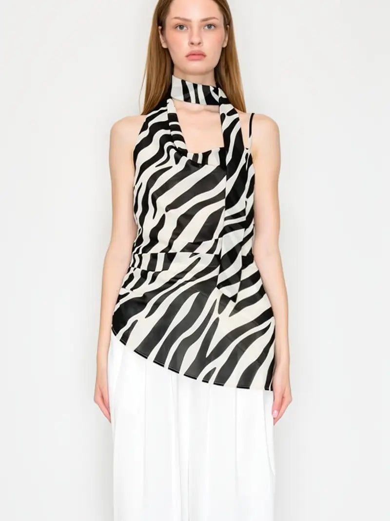 Wildly Chic Zebra Scarf Neck Top