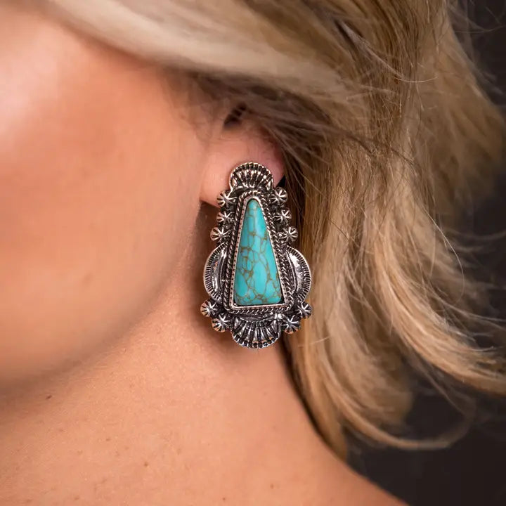 Turquoise Triangle Post Earring with Burst Border