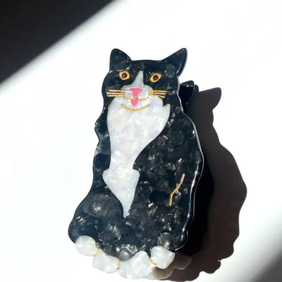 Hand-Painted Tuxedo Cat Claw Hair Clip