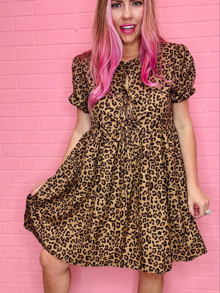Leopard Puff Sleeve Front Bow Dress