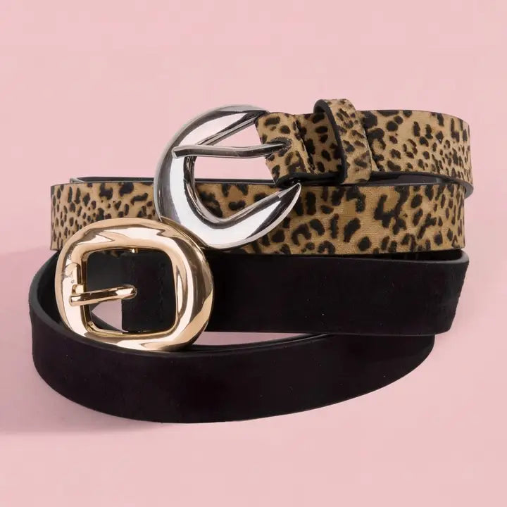 Black & Leopard Print Leather Belt Set