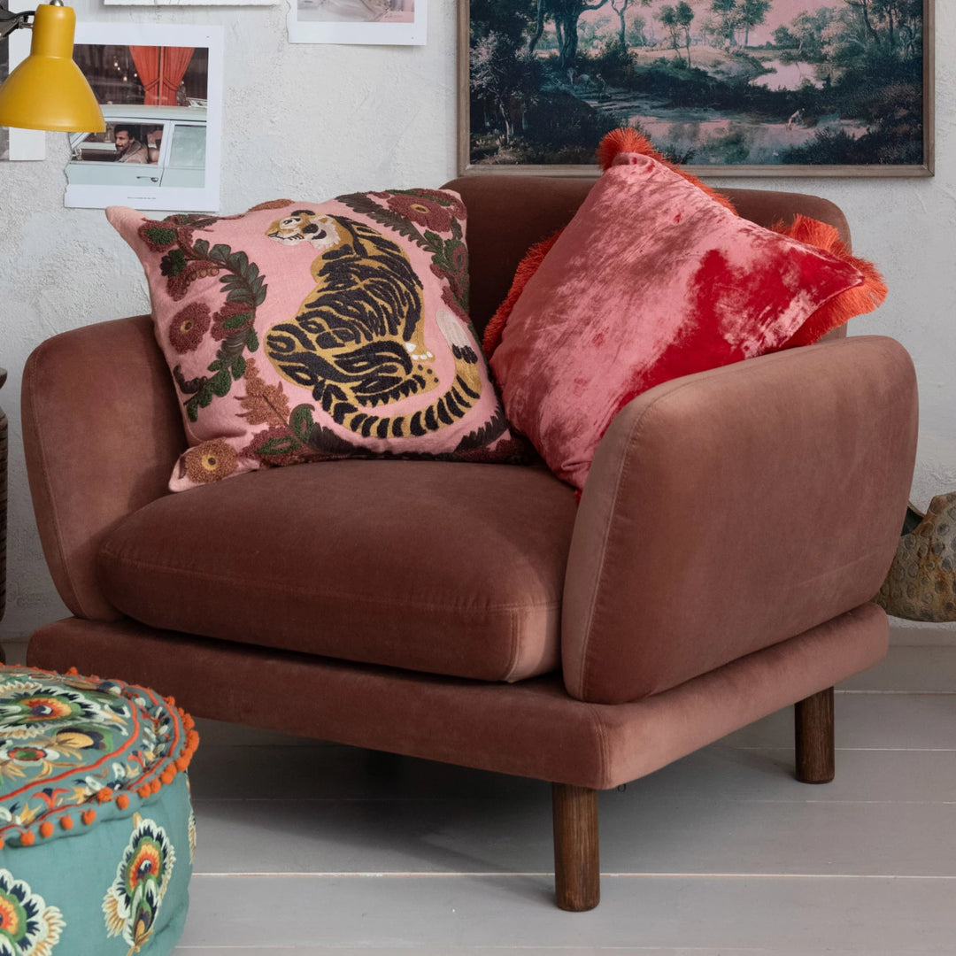 Embroidered Tiger & Floral Pillow