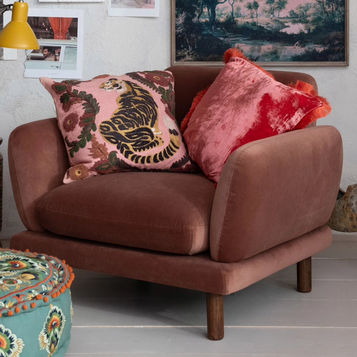 Embroidered Tiger & Floral Pillow