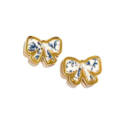 Blue Floral Bow Stud Earrings