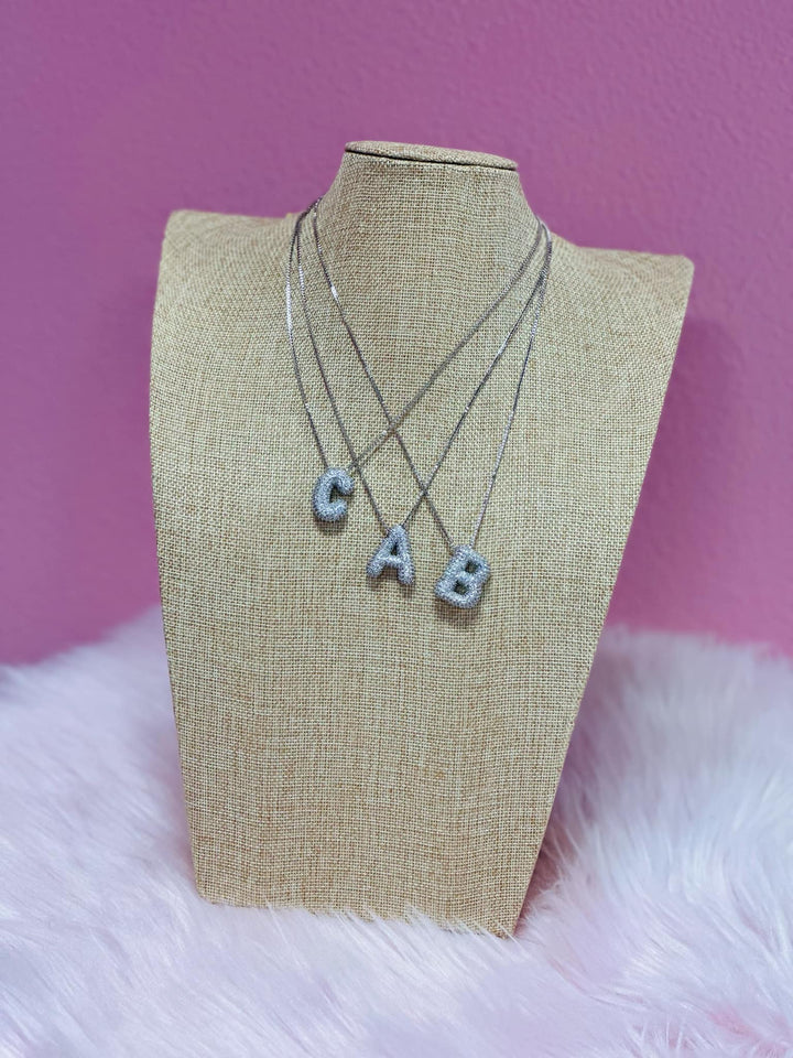 Silver Initial Pave Rhinestone Bubble Letter Balloon Necklace