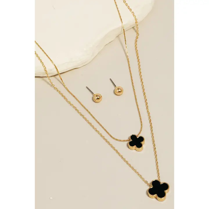 Double Clover Charm Layered Necklace Set