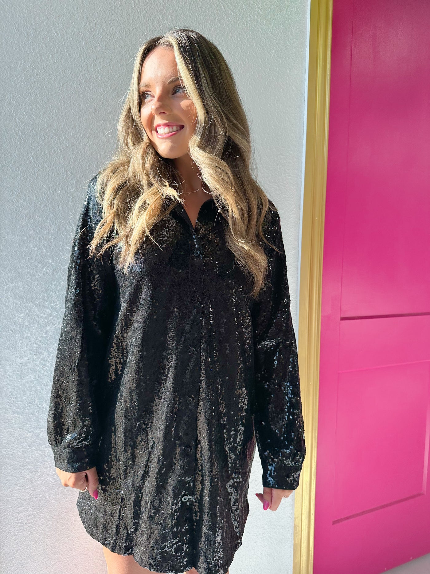 Shine Bright Sequin Shirt Dress