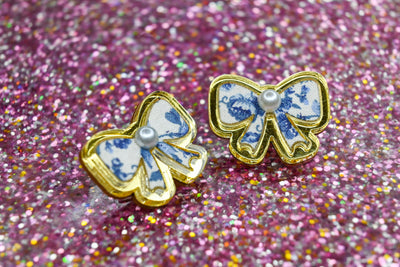 Blue Floral Bow Stud Earrings
