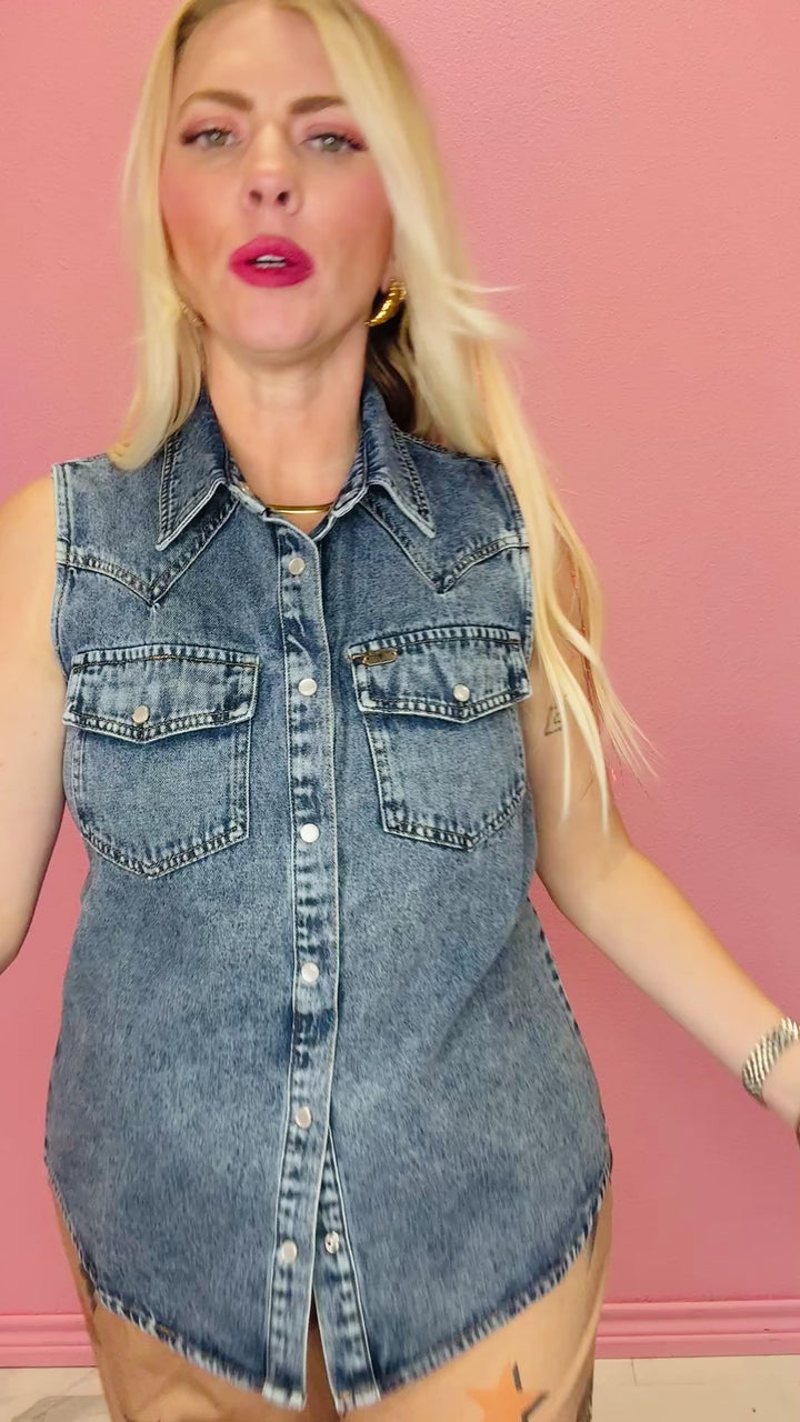 The Sadie Denim Button Down Sleeveless Shirt