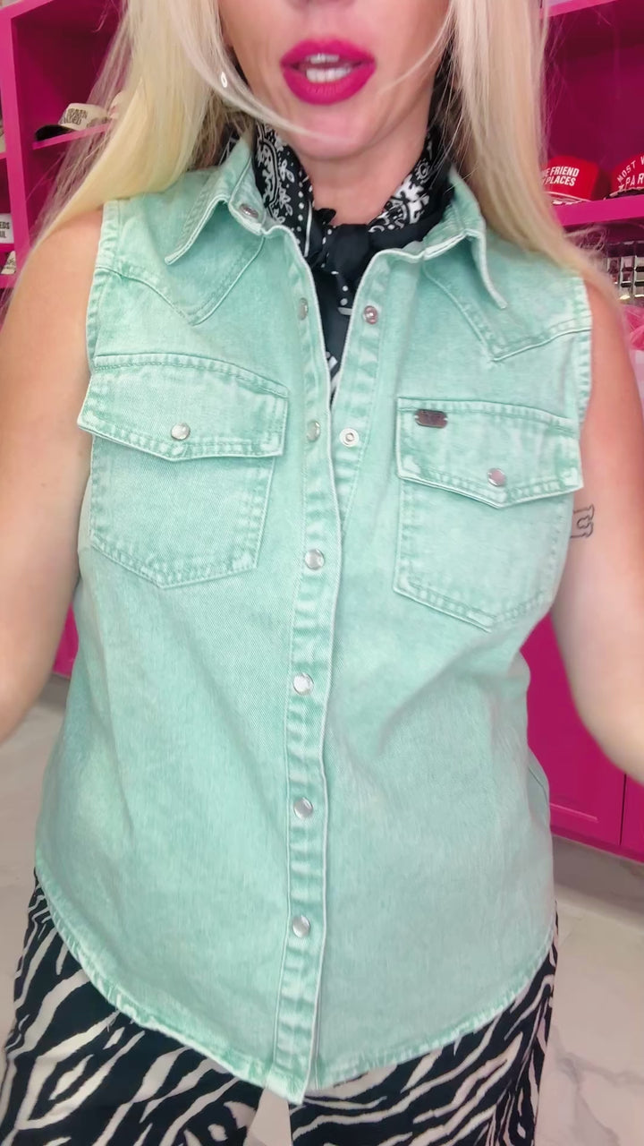 The Sadie Denim Button Down Sleeveless Shirt