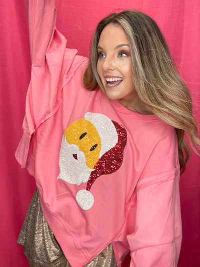 Pink Sequin Emoji Santa Sweater