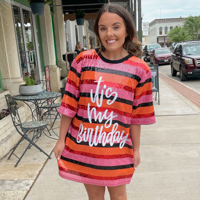 It's My Birthday Pink Orange Stripe Sequin T-Shirt Dress