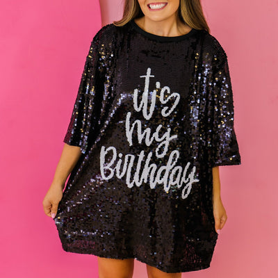 It's My Birthday Black Sequin T-Shirt Dress
