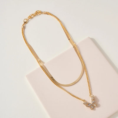 Layered Butterfly Pendant Chain Necklace