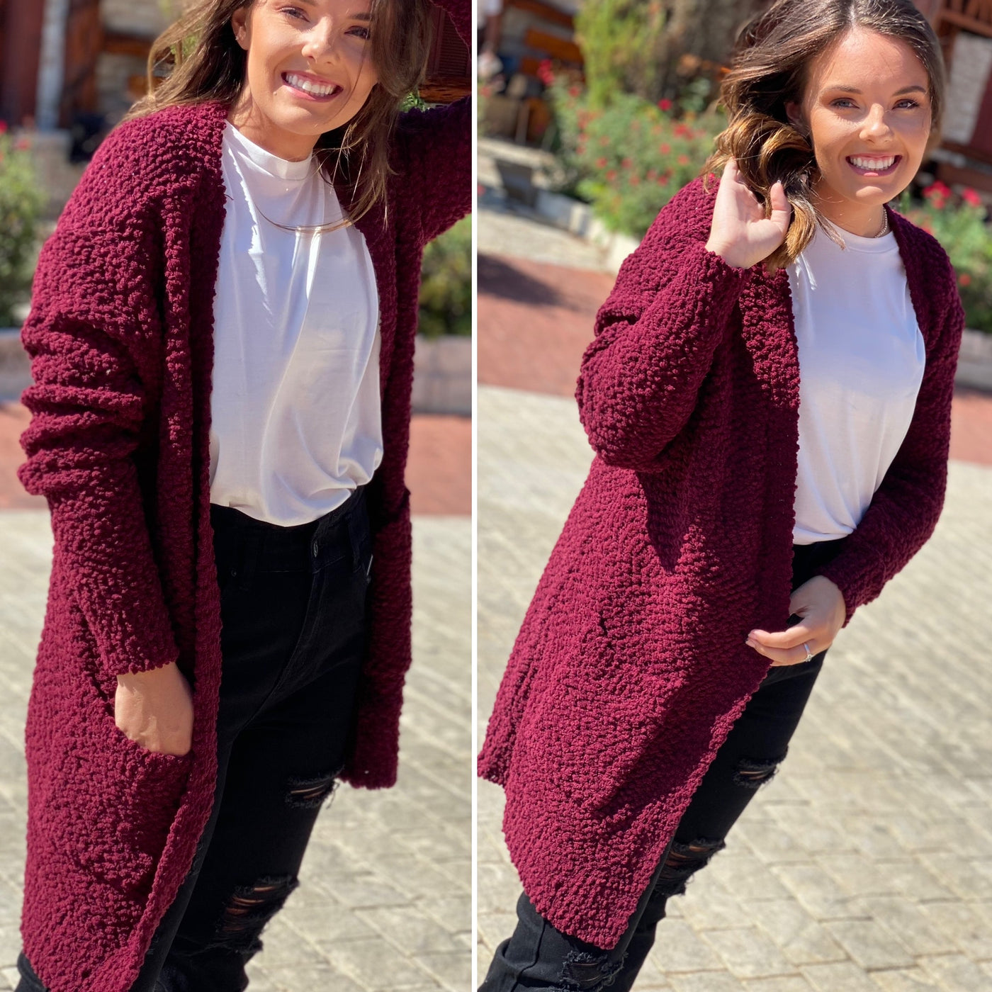 Burgundy Puffer Sleeve Popcorn Cardigan
