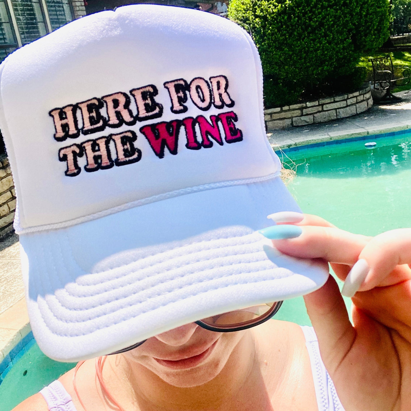 Here For The Wine White Trucker Hat